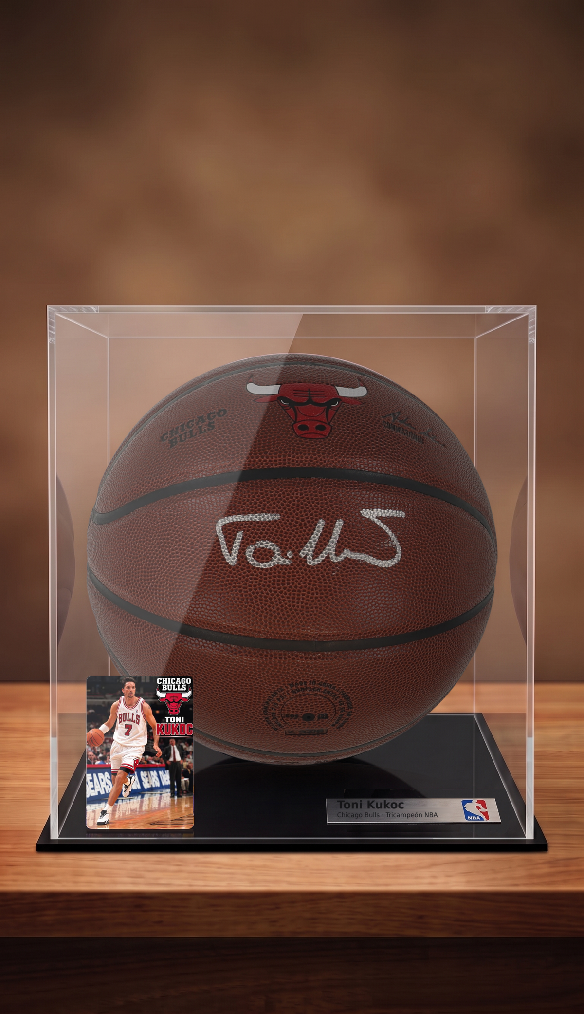 Balón de Básquetbol Autografiado por Toni Kukoc. Chicago Bulls. Vitrina de Exhibición. Certificado Schwartz
