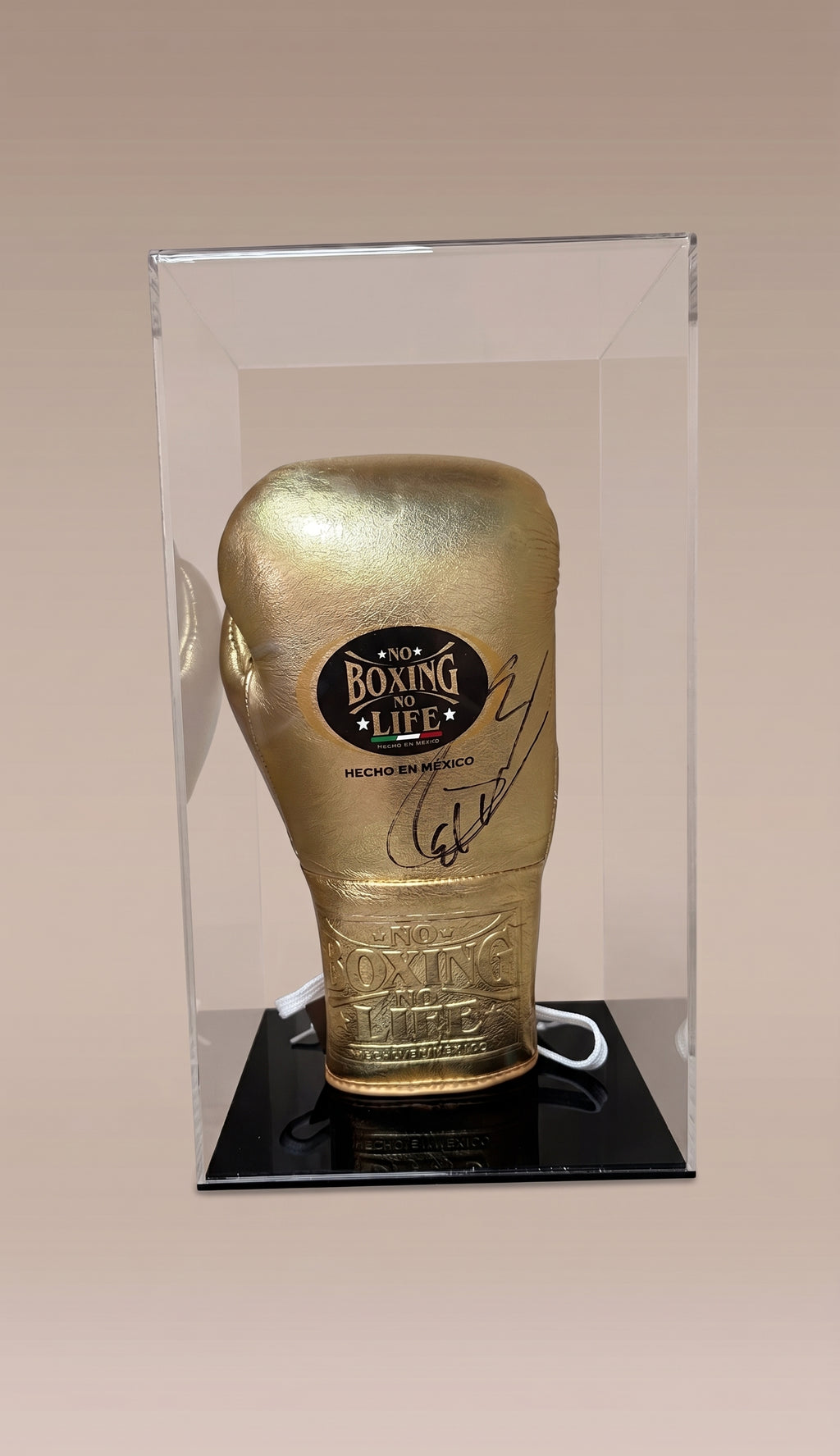 Guante de Boxeo Dorado Autografiado por Saúl "Canelo" Álvarez. No Boxing No Life. Certificado Beckett.