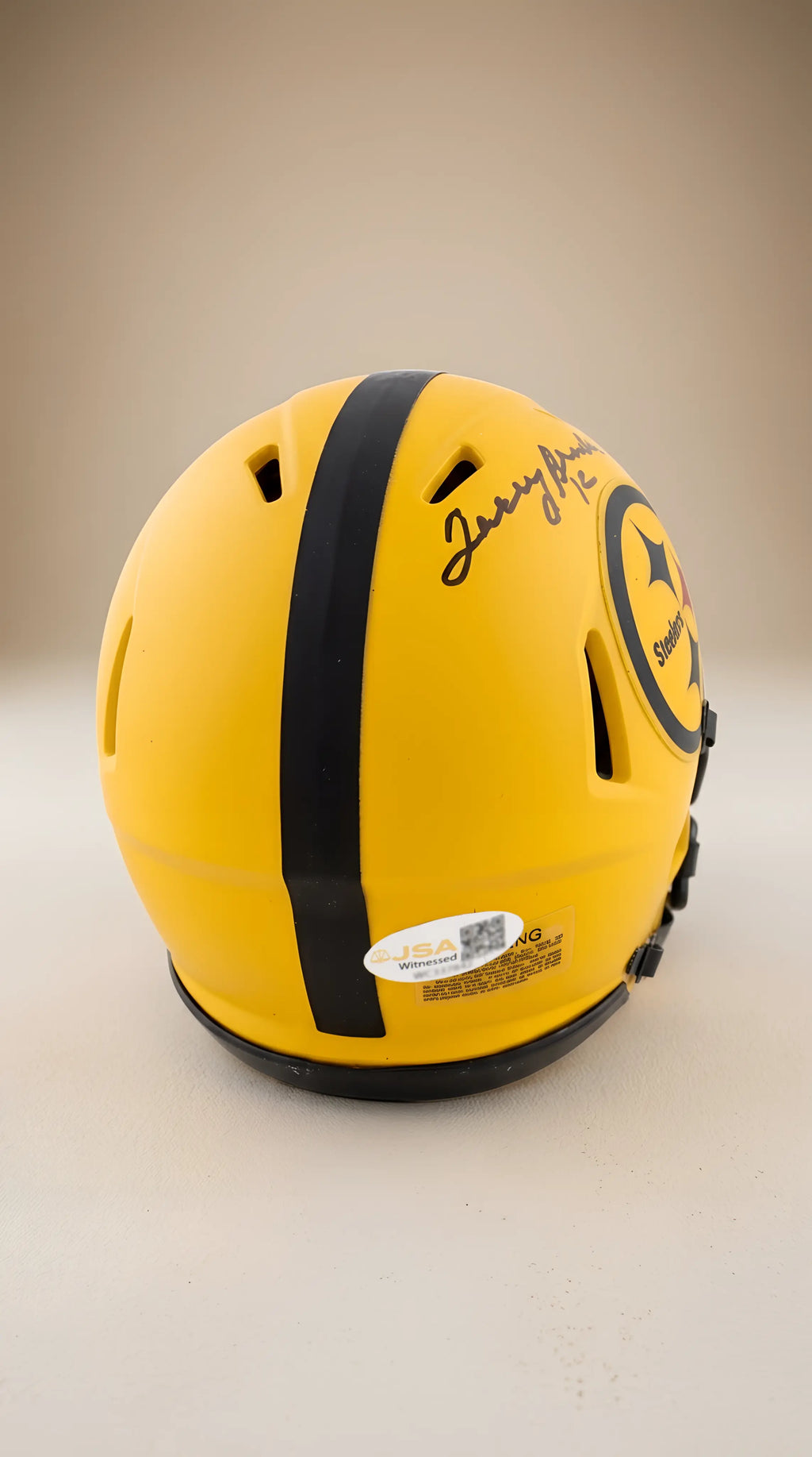 Minicasco Autografiado por Terry Bradshaw (Pittsburgh Steelers). Certificado JSA.