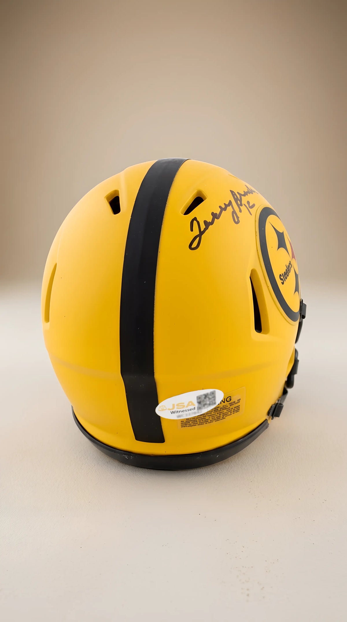 Minicasco Autografiado por Terry Bradshaw (Pittsburgh Steelers). Certificado JSA.