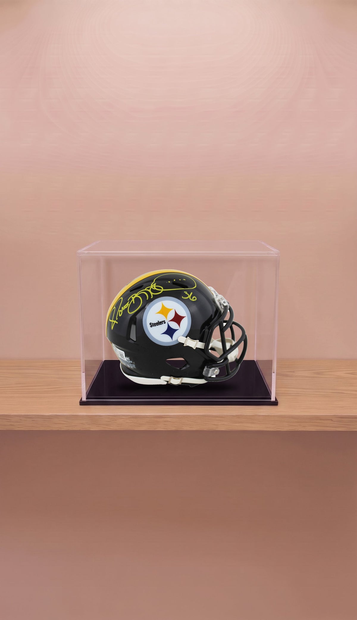 Mini Casco Autografiado por Jerome Bettis. Pittsburgh Steelers. Vitrina Incluida. Certificado Beckett Witnessed
