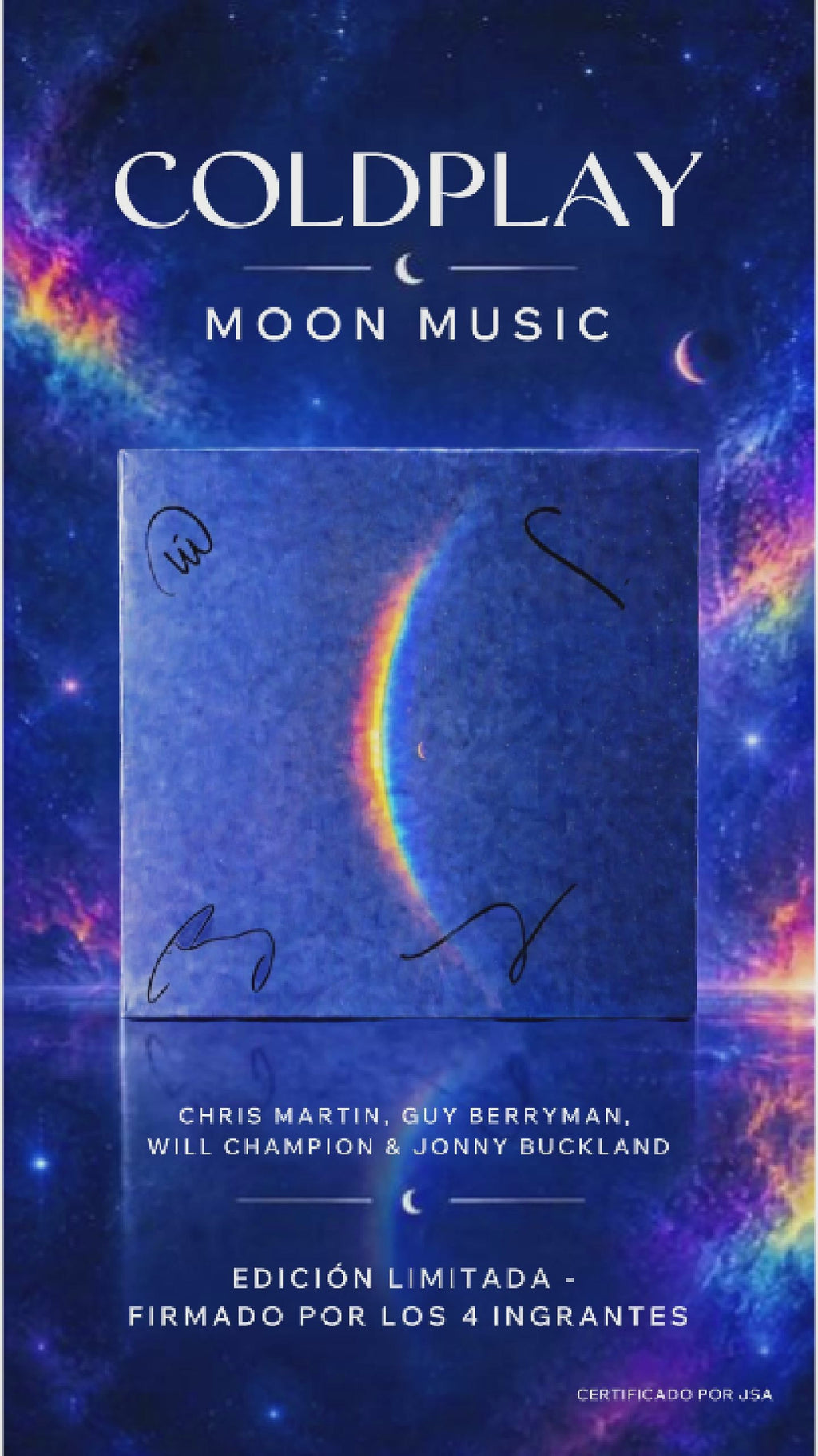 Disco de Vinilo Autografiado por Coldplay (Moon Music). Enmarcado Shadow Box. Certificado JSA